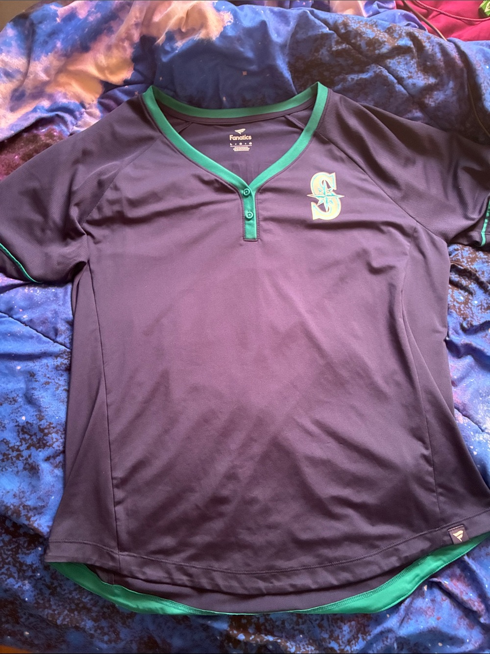 Fanatics Purple Baseball Henley with Teal Trim - Women’s Mariners Baseball